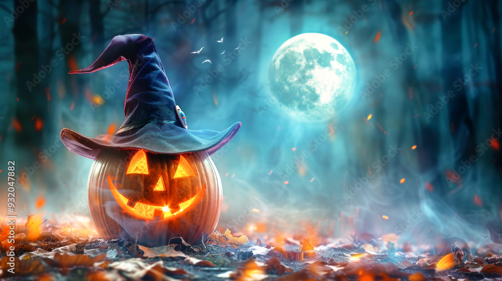 Fototapeta premium A whimsical Halloween pumpkin dons a witch hat, illuminated by a full moon amid fog, setting a magical and eerie autumn scene