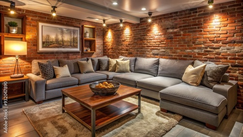 Cozy basement retreat with a comfortable grey sofa, warm lighting, and rustic brick walls, creating a relaxing atmosphere for unwinding and entertainment.