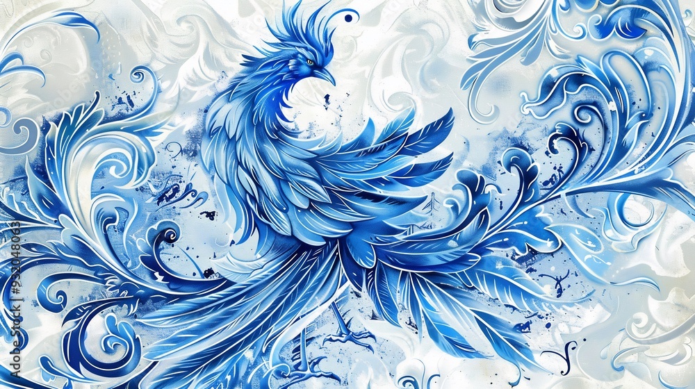 Blue Phoenix with Ornamental Background Blue Phoenix with Ornamental Background
