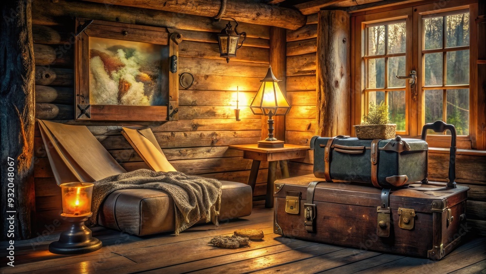Image showcasing Cozy cabin interior with vintage luggage, maps, and warm lighting ...