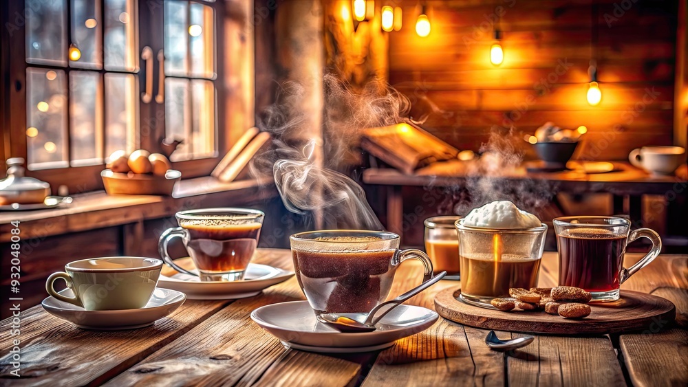 Cozy cafe setting with a rustic wooden table surrounded by steaming cups, delicate glasses, and a sprinkling of sugar packets, inviting warmth and comfort. Cozy cafe setting with a rustic wooden table surrounded by steaming cups, delicate glasses, and a sprinkling of sugar packets, inviting warmth and comfort.