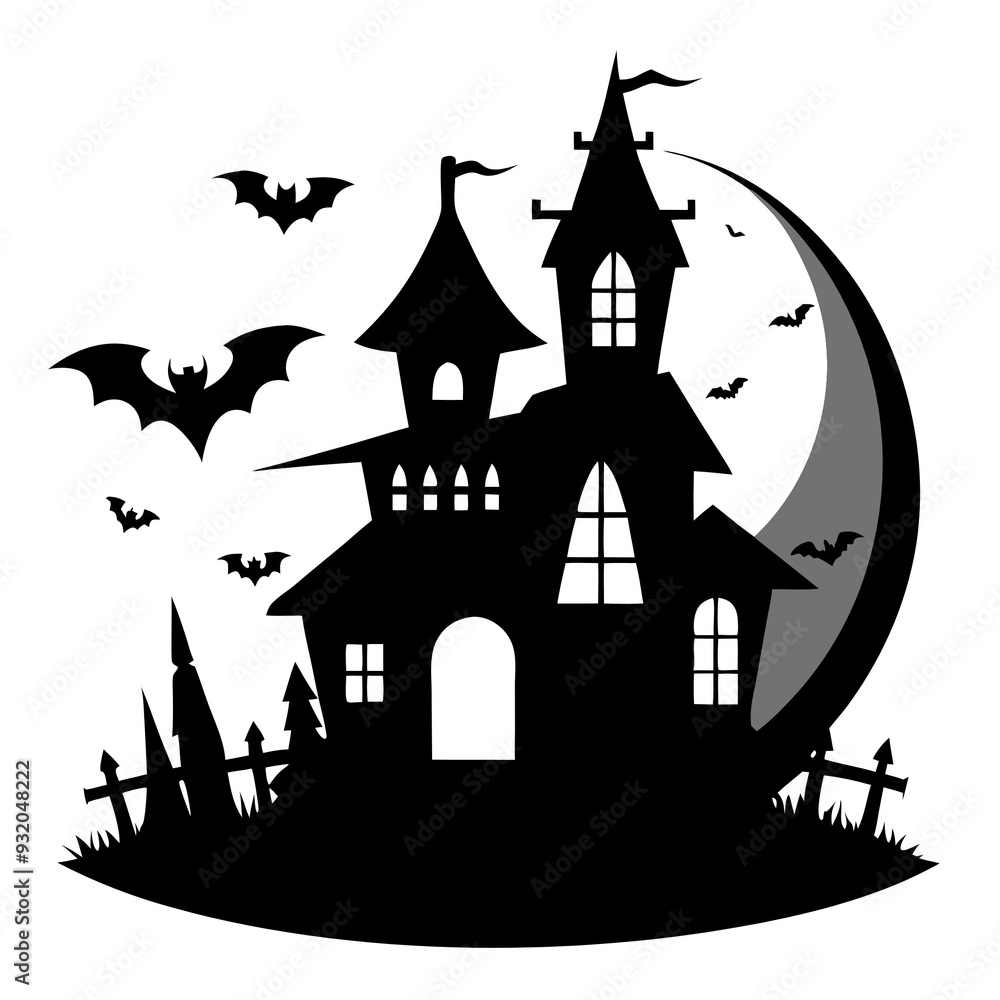 Halloween Haunted house Icon, Simple Black Silhouette, Spooky Season Symbol. Halloween Haunted house Icon, Simple Black Silhouette, Spooky Season Symbol.