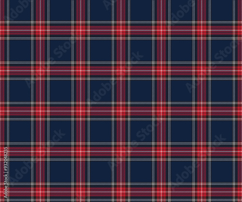 Plaid pattern, blue, red, white, black, seamless for textiles and design clothing, skirts, pants, aprons, tablecloths, blankets or decorative fabrics. Vector illustration.