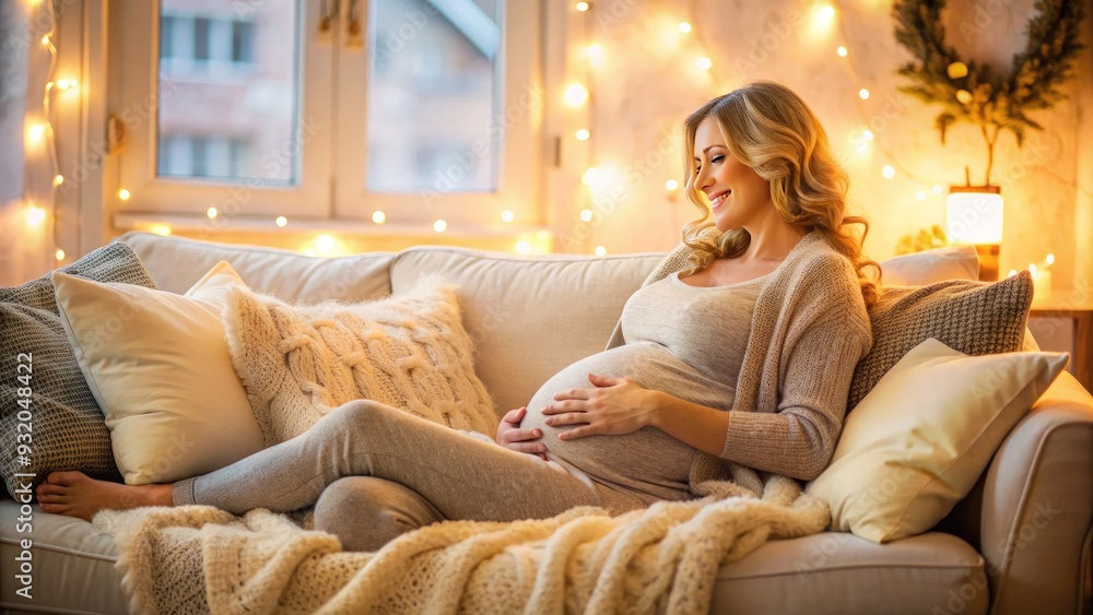 Cozy expecting mother relaxes on a plush couch, surrounded by soft pillows and blankets, with a warm glow of natural light illuminating her serene atmosphere. Cozy expecting mother relaxes on a plush couch, surrounded by soft pillows and blankets, with a warm glow of natural light illuminating her serene atmosphere.