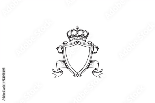 
Crown headed Shield silhouette.  Heraldic emblem crest shield with crown on white background.