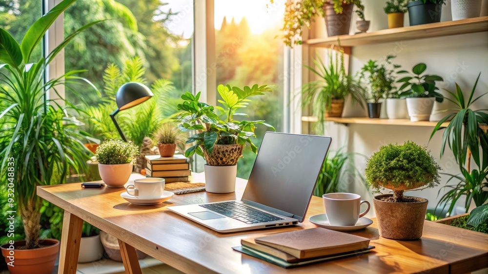 Cozy home office setup with laptop, notebooks, and coffee, surrounded by plants and natural light, promoting productivity and comfort in remote work atmosphere. Cozy home office setup with laptop, notebooks, and coffee, surrounded by plants and natural light, promoting productivity and comfort in remote work atmosphere.