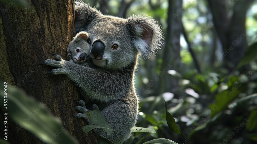 Fototapeta premium Koala Mother and Baby Embracing a Tree