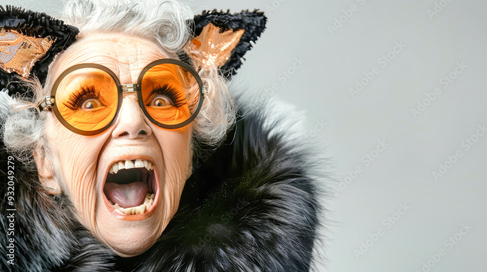 An adorable elderly woman, dressed as a cat in a stylish fur coat, expresses sheer terror with a hilarious scream for a Halloween celebration An adorable elderly woman, dressed as a cat in a stylish fur coat, expresses sheer terror with a hilarious scream for a Halloween celebration