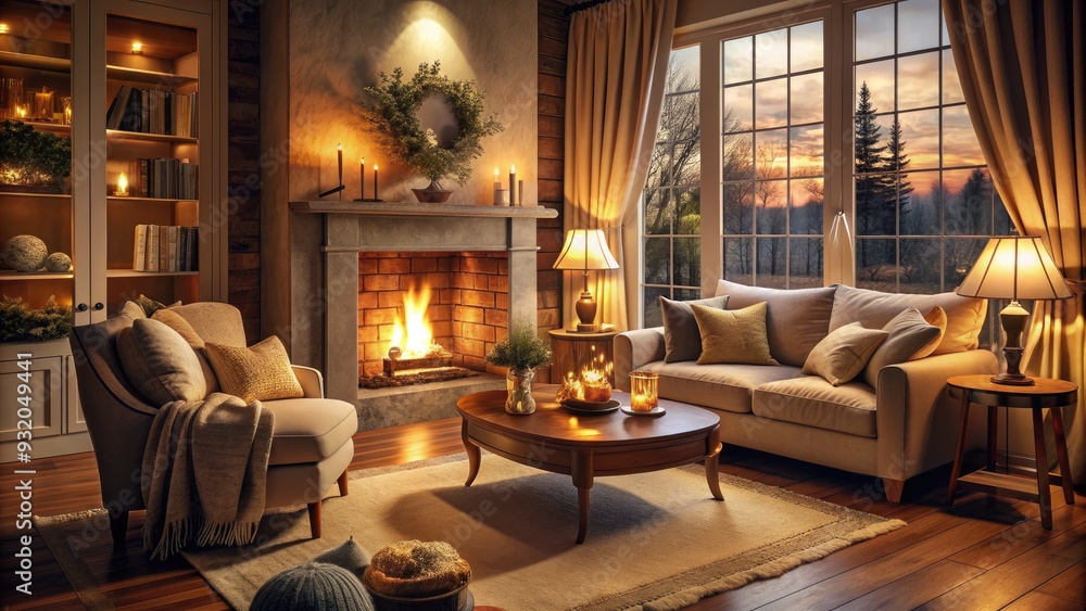 Fototapeta premium Cozy living room scene with warm golden lighting, crackling flames, and plush furnishings, evoking feelings of comfort and relaxation on a cold winter evening.