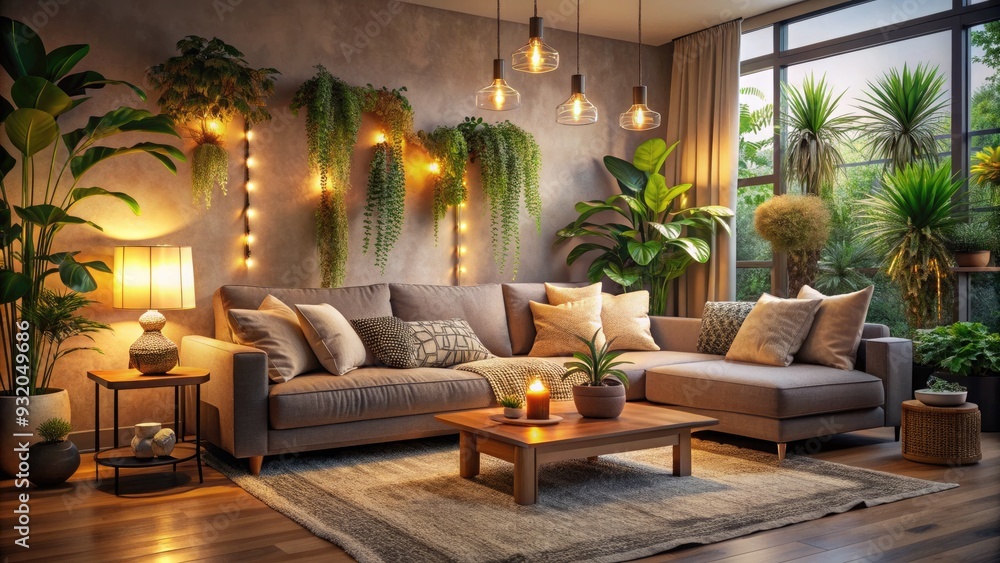 Cozy living room with plush couch, soft cushions, and warm lighting, surrounded by calming plants and soothing colors, inviting relaxation and tranquility. Cozy living room with plush couch, soft cushions, and warm lighting, surrounded by calming plants and soothing colors, inviting relaxation and tranquility.