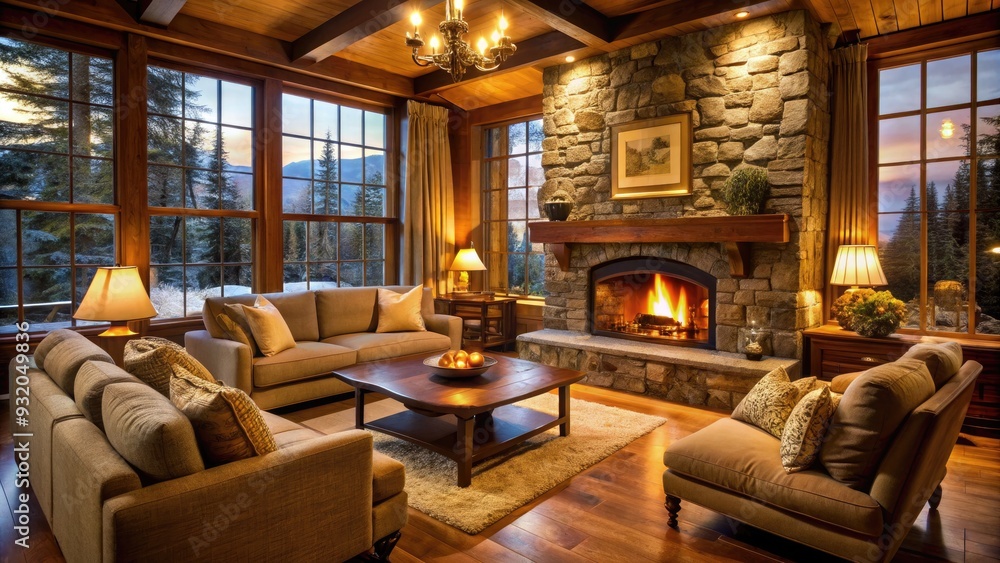 Cozy living room with rustic stone fireplace, crackling flames, and comfortable seating, surrounded by warm lighting and plush decor, evoking a sense of winter tranquility. Cozy living room with rustic stone fireplace, crackling flames, and comfortable seating, surrounded by warm lighting and plush decor, evoking a sense of winter tranquility.