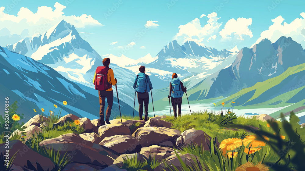 vector illustration, people hiking on a rocky trail in the mountains, summer time. Small group of hikers walking on a mountain trail in the alps. Outdoor activity, good health theme. Sporty vacations.