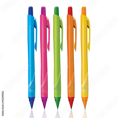 Collection of plastic ball pens in mix bright colors on white background in vertical composition