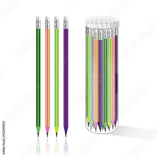 3D illustration of graphite pencils with eraser on the top in pastel colors with stripes and clear tube case on white background	
