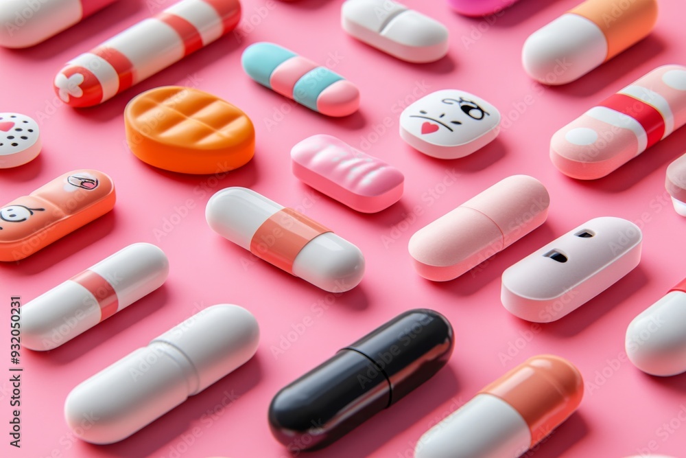 Close up of a variety of colorful pills and tablets on a pink background showcasing the diversity and abundance in modern pharmaceutical products Close up of a variety of colorful pills and tablets on a pink background showcasing the diversity and abundance in modern pharmaceutical products