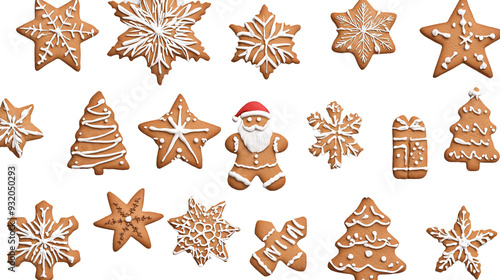 Gingerbread christmas snowflake star santa man tree on transparent background, png	 photo