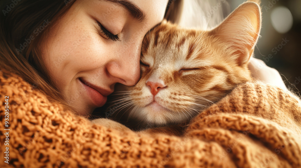 A joyful young woman relaxes at home, gently hugging and kissing her beloved cat, creating a warm moment of love and companionship A joyful young woman relaxes at home, gently hugging and kissing her beloved cat, creating a warm moment of love and companionship