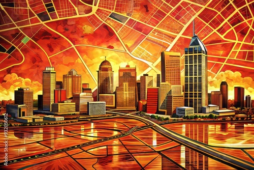 A fiery Louisville street map twists and contorts, blazing with bold reds and oranges, an emotional distillation of urban chaos and intensity.