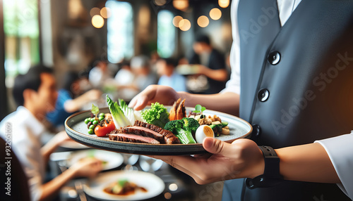 Fototapeta Naklejka Na Ścianę i Meble -   A waiter presents a plate of sliced steak, fresh vegetables, and egg in an upscale dining environment, suggesting a fine dining experience.