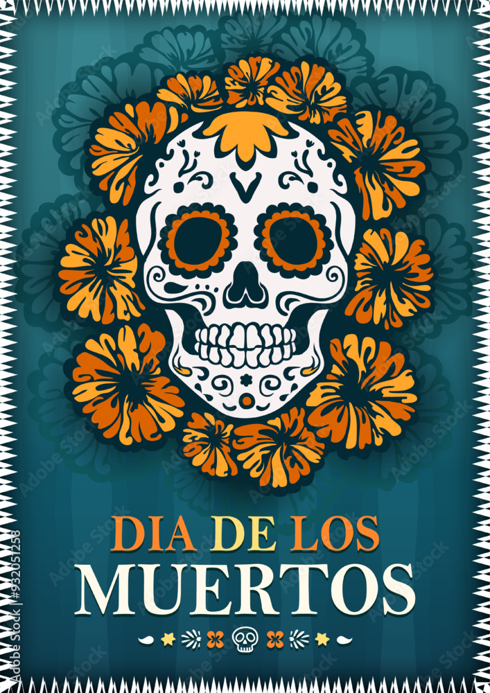 Calaca Designs Dia de los Muertos paper cut poster with a hand drawn white sugar skull ...