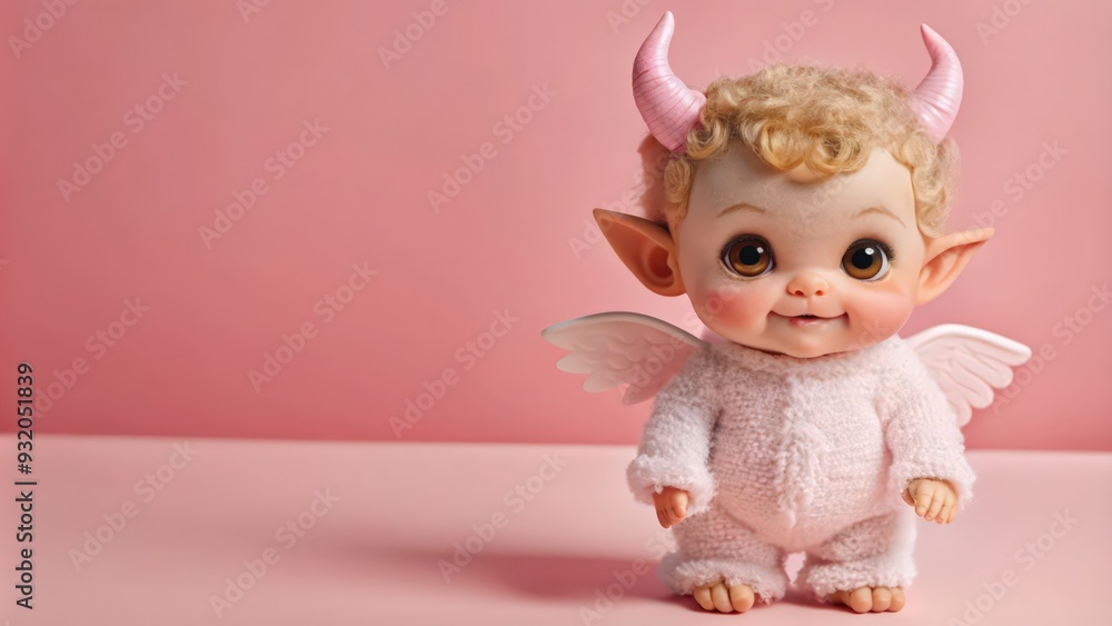Fototapeta premium A Smiling Pink Fairy Doll with Horns and Wings