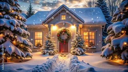 Cozy winter wonderland scene of a snow-covered house with twinkling lights, festive wreath on door, and snowflakes gently falling on a tranquil winter morning.