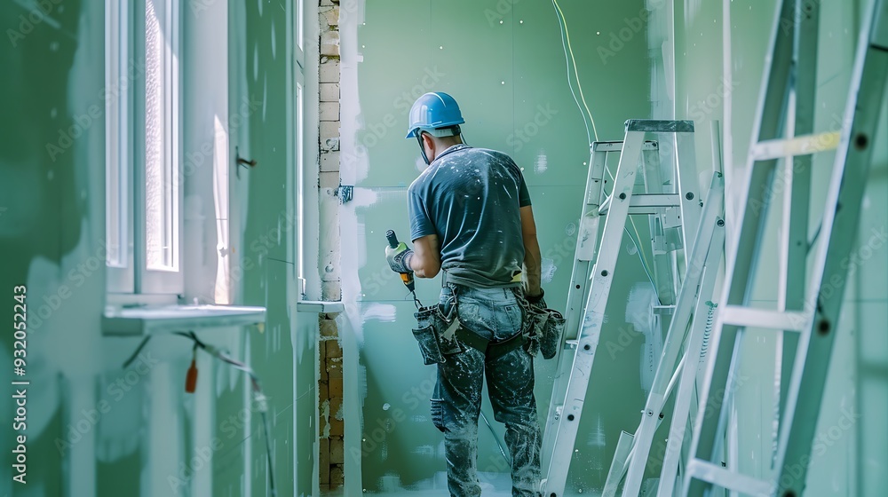 Construction Worker Installing Drywall Construction Worker Installing Drywall
