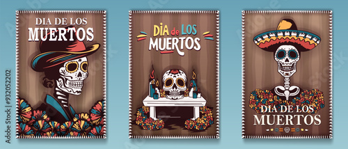 Set of Dia de los Muertos paper cut retro posters or postcards with traditional  Day of the Dead symbols - La Calavera Catrina, an altar with sugar skull, skeleton in sombrero and marigold flowers