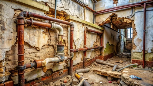 Cracked foundation, crumbling walls, and rusty pipes reveal shoddy workmanship and structural flaws in a neglected, unfinished construction project gone horribly wrong.