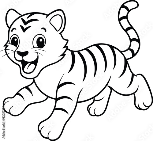 Obraz na plátně Fun and cute tiger coloring page for children, featuring an easy-to-color black-and-white tiger illustration