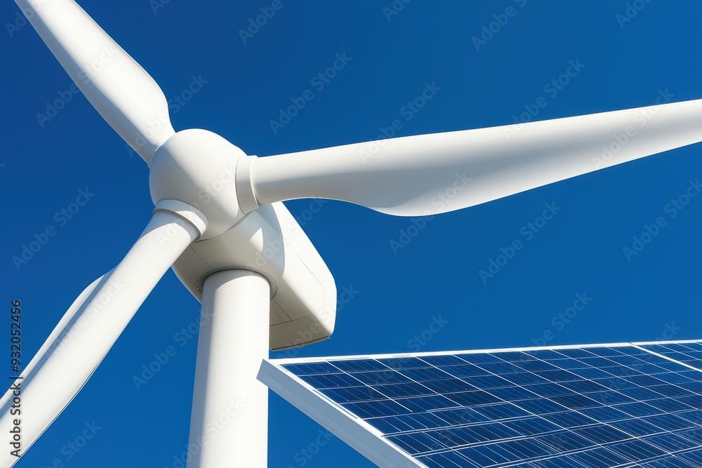 Close-up of a wind turbine and solar panel against a clear blue sky, symbolizing renewable energy solutions and sustainable technology. Close-up of a wind turbine and solar panel against a clear blue sky, symbolizing renewable energy solutions and sustainable technology.