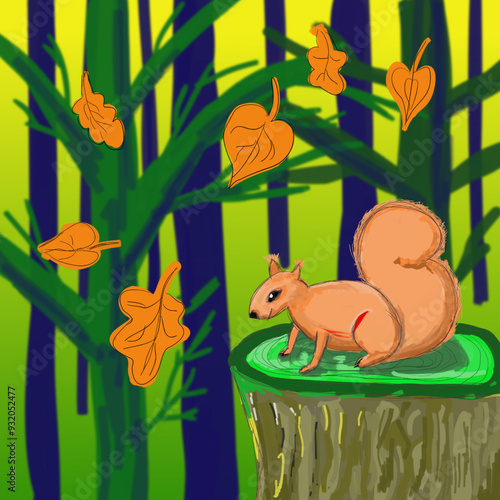 Vector illustration of a squirrel sitting on a tree stump. Squirrel in the forest on a stump. Autumn forest. Blurred background, falling orange leaves. Autumn, squirrel, animal, nature, forest.