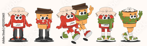 Autumn cartoon characters in retro groovy style. Cozy and cute mascots for the cafeteria, coffee shop or restaurant. Coffee, tea and cocoa cups with a jar of jam.