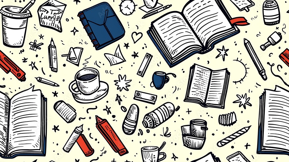 A seamless pattern filled with doodles of study session essentials, including open books, coffee cups, highlighters, and sticky notes, alongside fun items like bookmarks and paper clips, A seamless pattern filled with doodles of study session essentials, including open books, coffee cups, highlighters, and sticky notes, alongside fun items like bookmarks and paper clips,