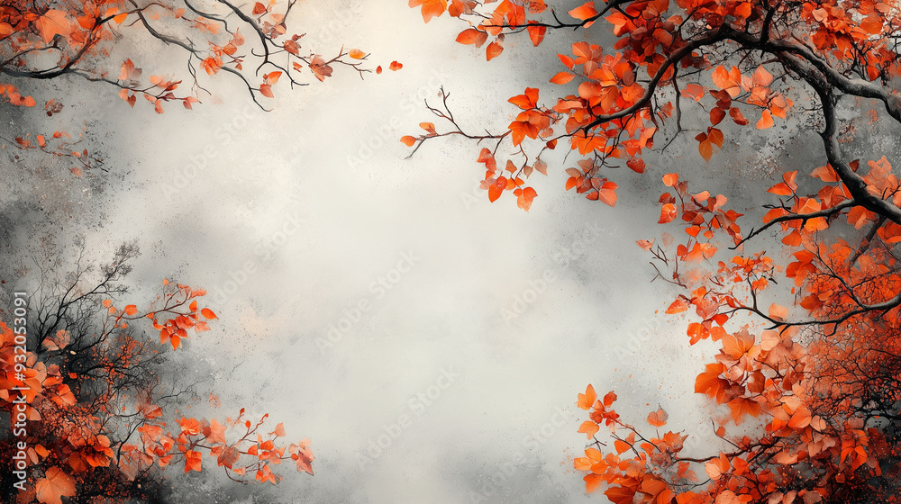A pale, misty gray background bordered with orange and brown autumn leaves, creating a serene, natural frame. A pale, misty gray background bordered with orange and brown autumn leaves, creating a serene, natural frame.