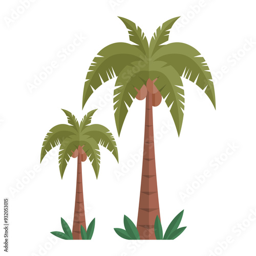 Illustration of two palm trees with coconuts, standing on a beach with green fronds swaying. The taller and shorter palm trees create a classic tropical scene, perfect for vacation themes.