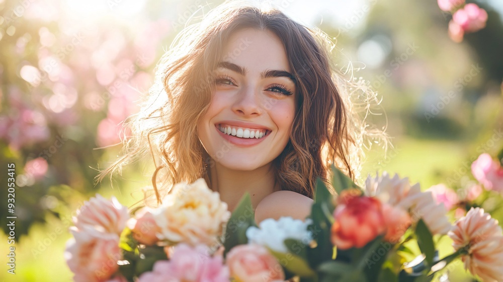 A woman with a joyous expression, holding a bouquet of flowers, in a bright, spring garden A woman with a joyous expression, holding a bouquet of flowers, in a bright, spring garden