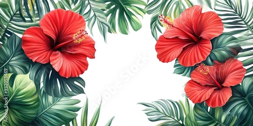 Wallpaper Mural Tropical Floral Border with Red Hibiscus and Green Leaves Torontodigital.ca