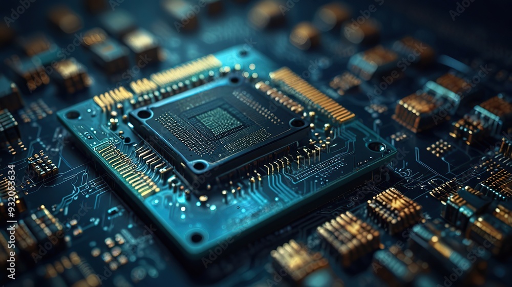 Abstract technology circuit design CPU motherboard of a computer board and processor created with Generative AI
Abstract technology circuit design CPU motherboard of a computer board and processor created with Generative AI