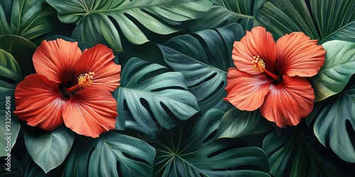 Wallpaper Mural Two Red Hibiscus Flowers Nestled Among Lush Green Monstera Leaves Torontodigital.ca