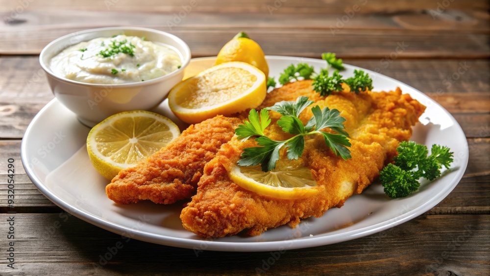 Crunchy golden-brown fried fish fillet served on a white plate with a side of tangy tartar sauce and fresh lemon wedges. Crunchy golden-brown fried fish fillet served on a white plate with a side of tangy tartar sauce and fresh lemon wedges.