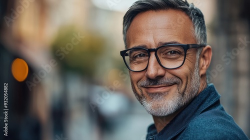 A close-up portrait of a smiling smart mature middle-aged man, a businessman wearing fashionable glasses and looking at the camera on a street background with a copy space.