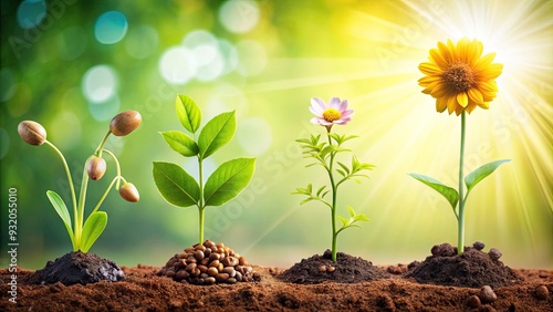 Cycle of growth and transformation illustrated by four distinct stages: seed, sprout, bloom, and harvest, set against a soft, gradient background.