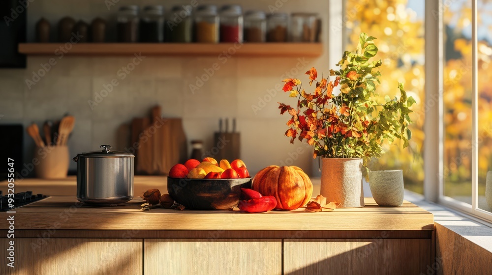 Beautiful autumn kitchen with copy space