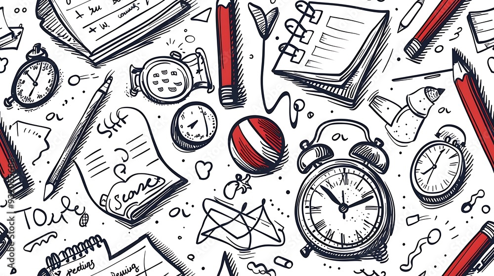 A seamless pattern of doodles with exam prep essentials such as test papers, pencils, clocks, and stress balls, alongside study tools like sticky notes and textbooks, A seamless pattern of doodles with exam prep essentials such as test papers, pencils, clocks, and stress balls, alongside study tools like sticky notes and textbooks,