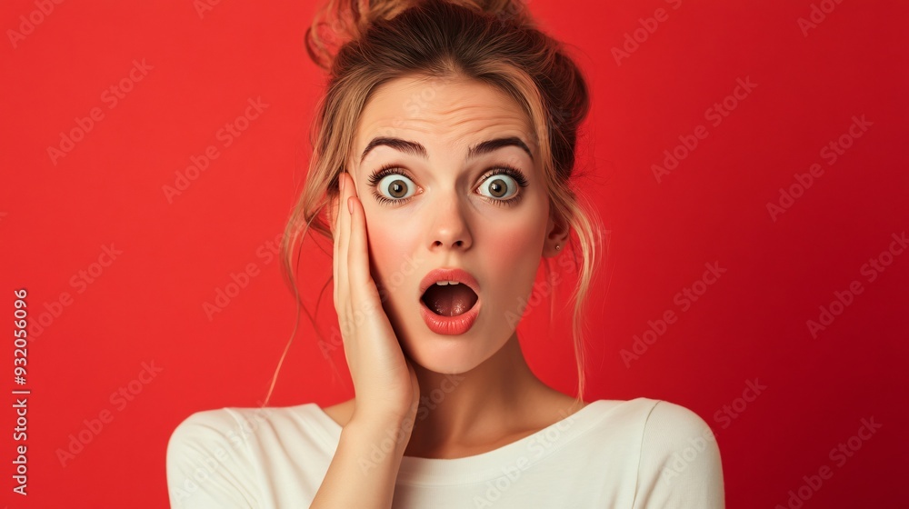 A woman with a shocked expression, holding her face with one hand, against a vibrant red background A woman with a shocked expression, holding her face with one hand, against a vibrant red background