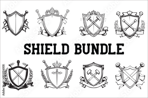 Crown headed Shield silhouette Bundle. sword Shield silhouette bundle, Heraldic emblem crest shield with crown set on white background.