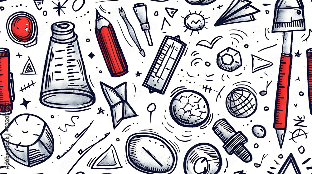 A seamless pattern of doodles with geometric tools such as protractors, compasses, and rulers, alongside geometric shapes like triangles, hexagons, and circles, in a dynamic and bright color scheme, A seamless pattern of doodles with geometric tools such as protractors, compasses, and rulers, alongside geometric shapes like triangles, hexagons, and circles, in a dynamic and bright color scheme,