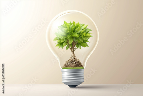 Vector illustration of a light bulb with a tree inside, green leaves and roots growing in the center on a beige background. Green energy concept for an eco-friendly power design element.  photo