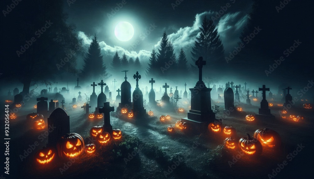 Digital art in a spooky Halloween style, featuring a graveyard filled with sinister Jack O' Lanterns, haunted trees, and bats flying against a dark, misty night Digital art in a spooky Halloween style, featuring a graveyard filled with sinister Jack O' Lanterns, haunted trees, and bats flying against a dark, misty night